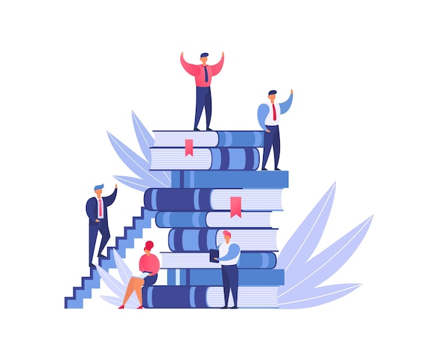 People climbing stairs of stacked books man on top celebrates success education knowledge growth and