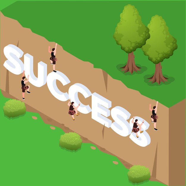 Vector people climbing the success wall 3d isometric