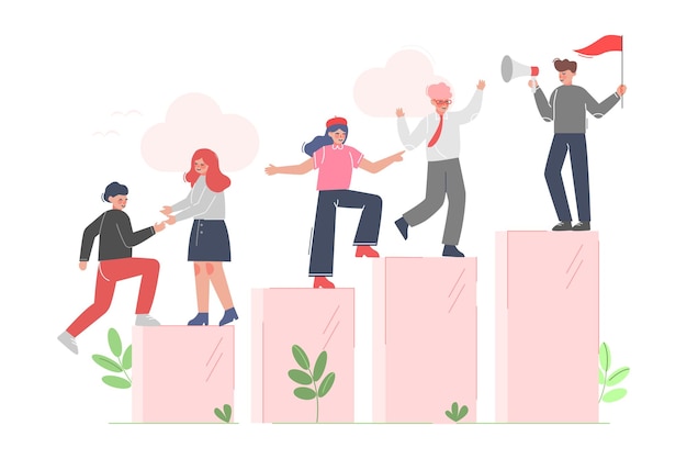 Vector people climbing up to the goal helping each other business leadership moving up motivation concept cartoon vector illustration