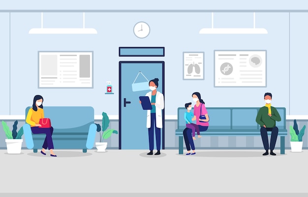 Vector people in clinic waiting room people sitting on chairs and waiting appointment time in medical hospital man and woman in queue at the clinic waiting in clinic hall  illustration flat style