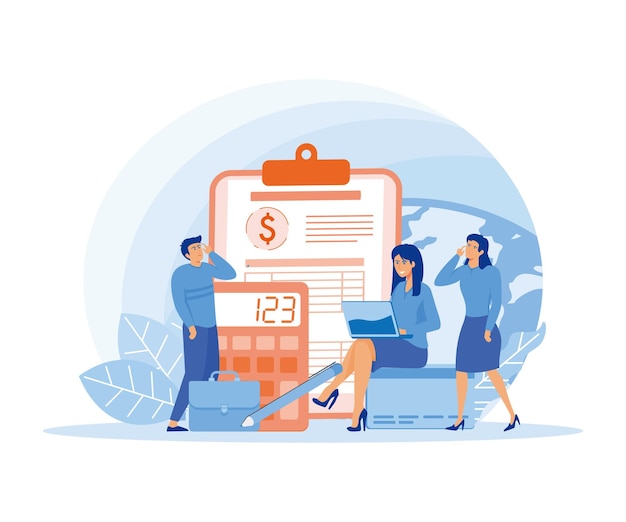 People and clipboard with financial document calculator and pen Accounting business plan consulting tax audit financial management concepts flat vector modern illustration