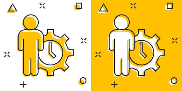 People and clock icon in comic style Gear with user cartoon vector illustration on white isolated background Businessman splash effect business concept