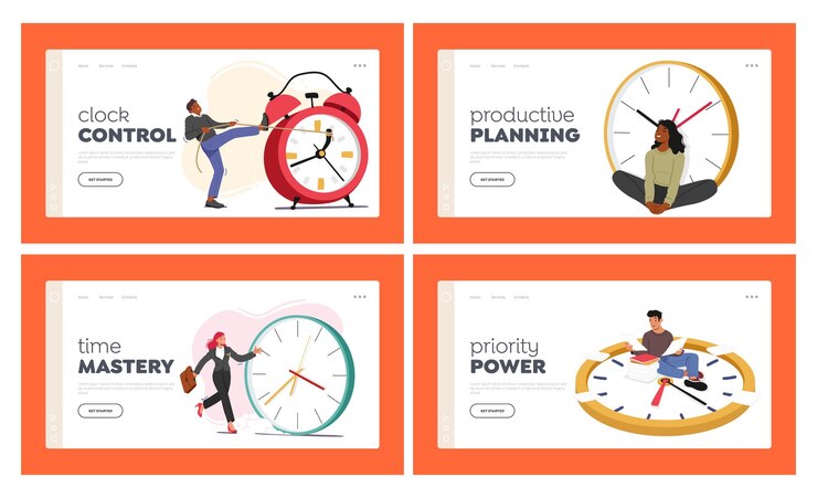 Vector people and clocks landing page template set concept of time with male and female characters hurry