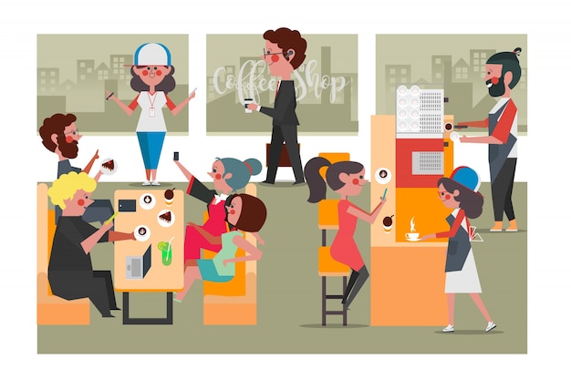 People in the Coffee Shop, Cartoon Character Design flat style