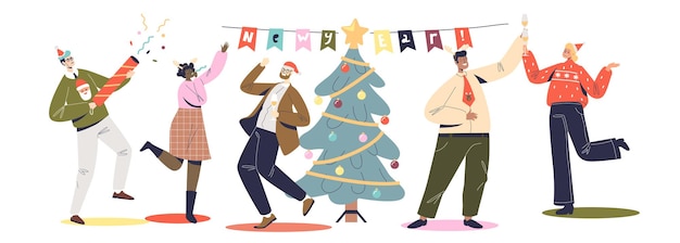 Vector people colleagues celebrate new year on corporate party. dancing men and women coworkers on christmas celebration. winter holidays event. cartoon flat vector illustration