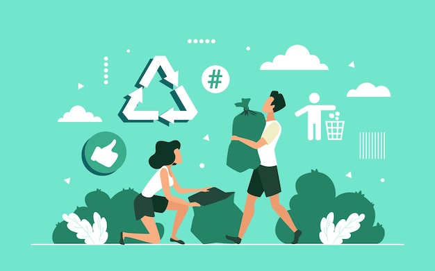 Vector people collect trash garbage into bag clean and save planet