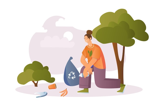Vector people collecting garbage concept with people scene in the cartoon style people clean up garbage