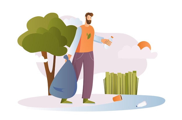 Vector people collecting garbage concept with people scene in the flat cartoon design people pick up trash