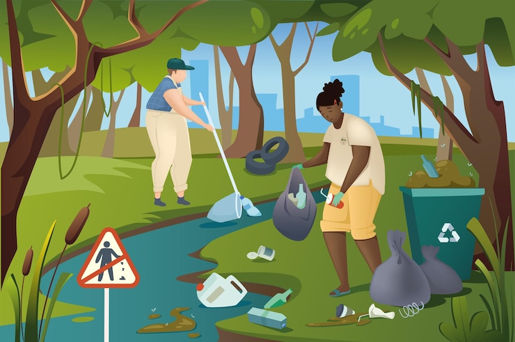 Vector people collecting garbage in forest concept in flat cartoon design men and women gathering waste