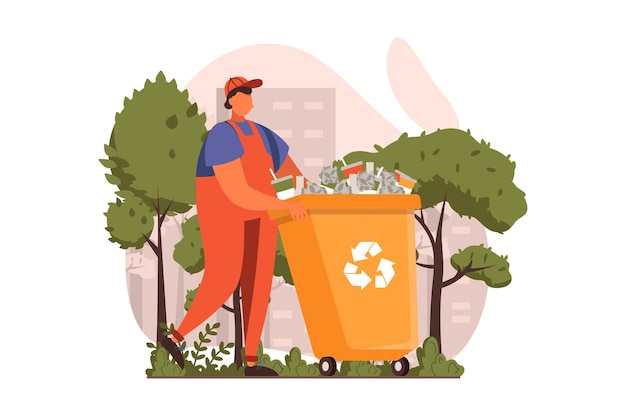 People collecting garbage web concept in flat design man gathering waste recycling container eco act