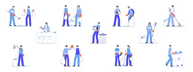 People collecting trash clean up garbage and sorting waste flat vector symbols illustrations set