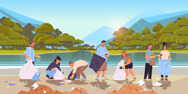 Vector people collecting trash into bag beach cleanup generation z lifestyle concept new demography trend with progressive youth gen