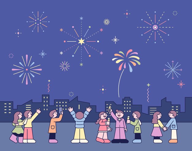 Vector people come out at night to watch fireworks and greet the new year
