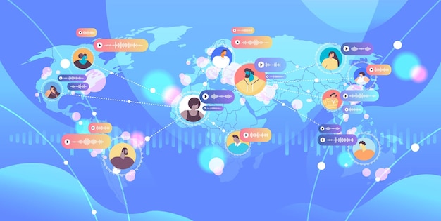 Люди общаются в мессенджерах с помощью голосовых сообщений приложение аудиочата социальные сети глобальная коммуникационная концепция карта мира фон горизонтальная векторная иллюстрация