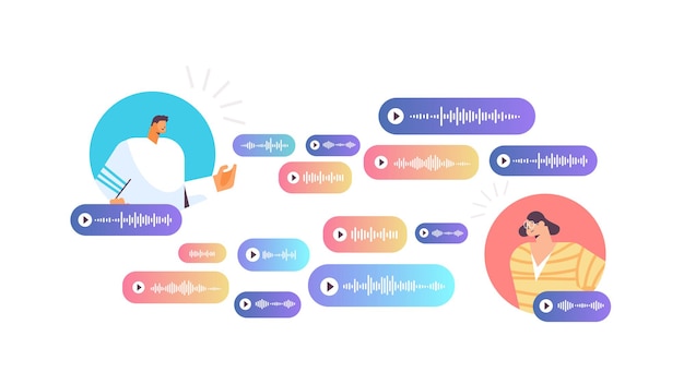 Le persone comunicano in messaggistica istantanea tramite messaggi vocali applicazione chat audio social media concetto di comunicazione online illustrazione vettoriale ritratto orizzontale