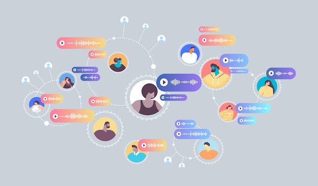 Le persone comunicano in messaggistica istantanea tramite messaggi vocali applicazione di chat audio social media concetto di comunicazione online illustrazione vettoriale orizzontale