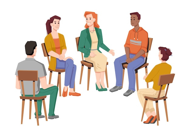 Vector people communicating in group therapy isolated circle of men and women from different races talking