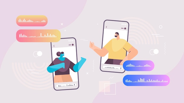 Vector people communicating in instant messengers by voice messages in mobile app audio chat application social media online communication concept horizontal portrait vector illustration