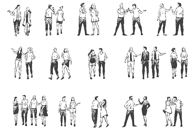 Vector people communicating and walking outside concept sketch. warm season, sunny weather, men and women sauntering, friends and couples strolling outdoor together set. hand drawn isolated vector