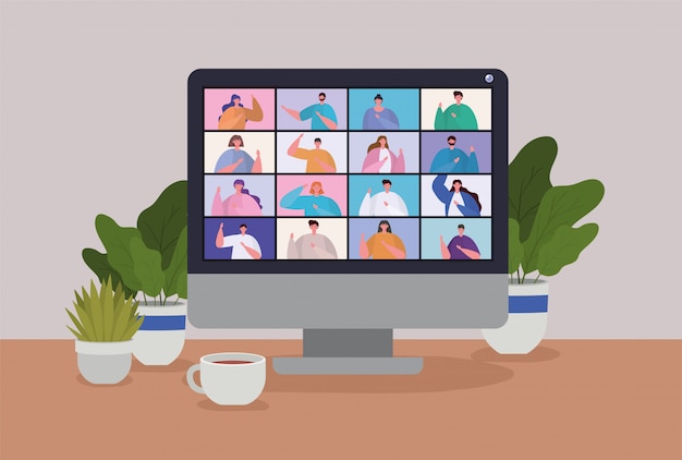 Vector people on computer in video conference