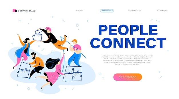 Vector people connect concept landing page design template webpage ui mobile app people put puzzle pieces together togetherness internet community metaphor vector flat illustration