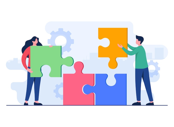 Vector people connect and match puzzle parts together