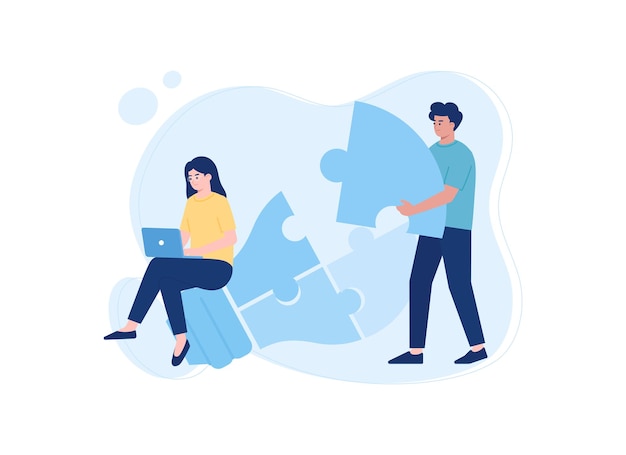 People connecting the light bulb jigsaw pieces trending concept flat illustration