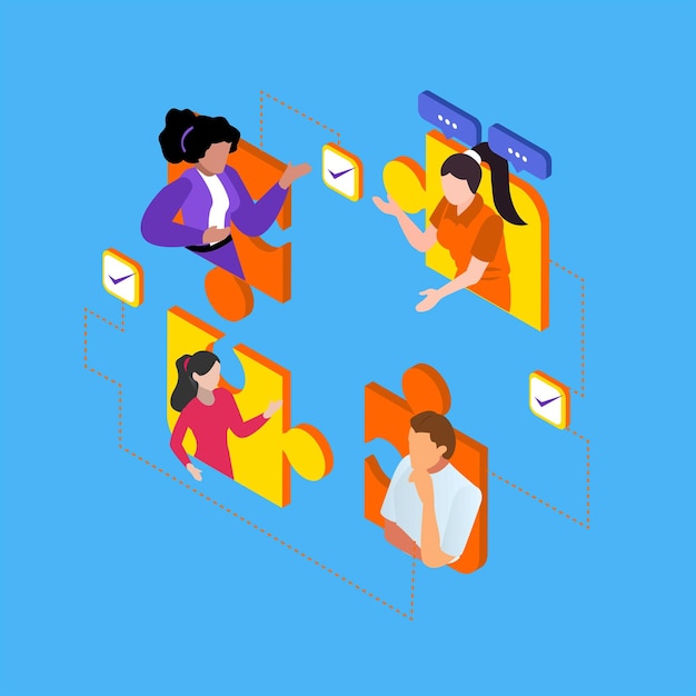 People connecting puzzle elements isometric 3d