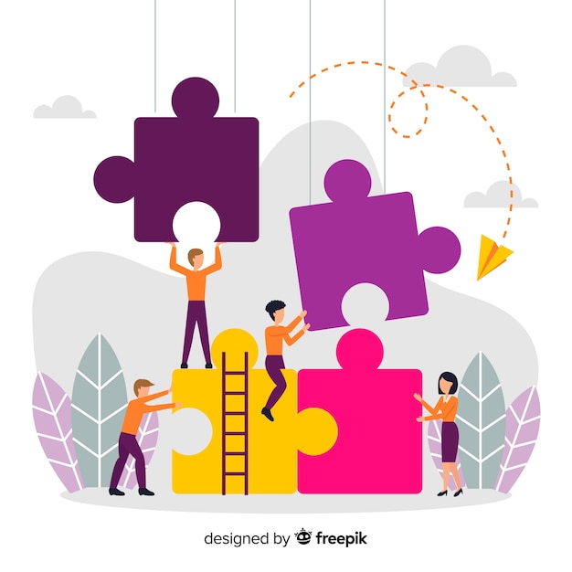 Vector people connecting puzzle pieces colorful background