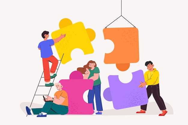 People connecting puzzle pieces illustration background