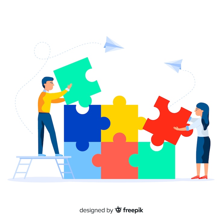 Vector people connecting puzzle pieces