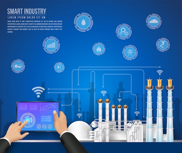 People connecting with a factory using smartphone and exchanging data with a neural network.