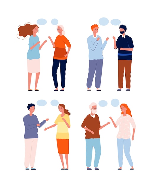 people conversation. dialogue persons of different ages genders and nationality characters talking with speech bubbles .