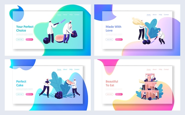 People Cook Festive CakeWebサイトのランディングページセット。クリームとベリー、パン屋、料理のWebページで巨大なパイを飾るシェフの制服とキャップのキャラクター。漫画フラットベクトルイラスト
