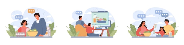 people cooking and eating healthy food set family following diet recipes