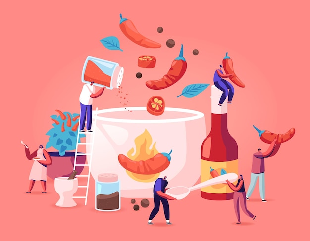Vector people cooking food with hot chili concept. cartoon flat illustration