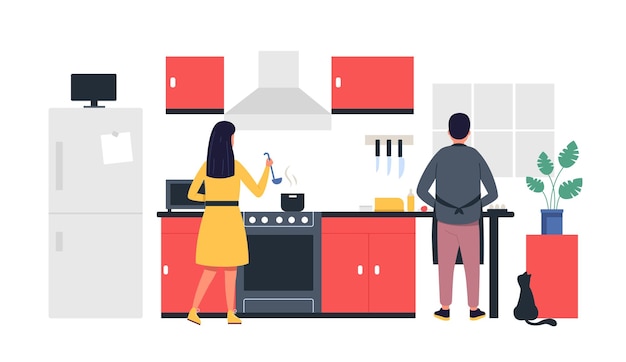 People cooking at home Husband and wife preparing food in kitchen together Woman making soup on stove Man helping spouse to cook dinner or lunch Couple with culinary hobby vector illustration