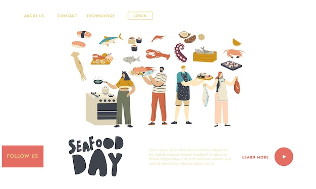 People cooking seafood landing page template.