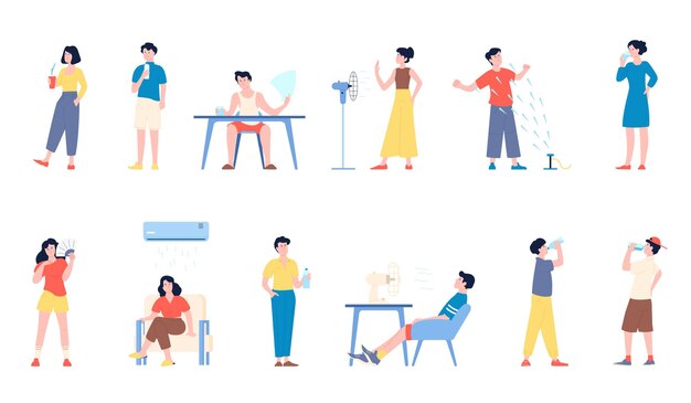 People cooling hot summer Drinking water person with fan in heat Sweating woman man sitting under air condition Isolated vector recent characters