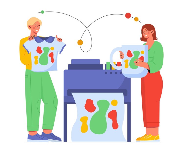 Vector people at copy center concept man and woman near printer with paper decorative printing on various items souvenirs abstract creativity and art cartoon flat vector illustration
