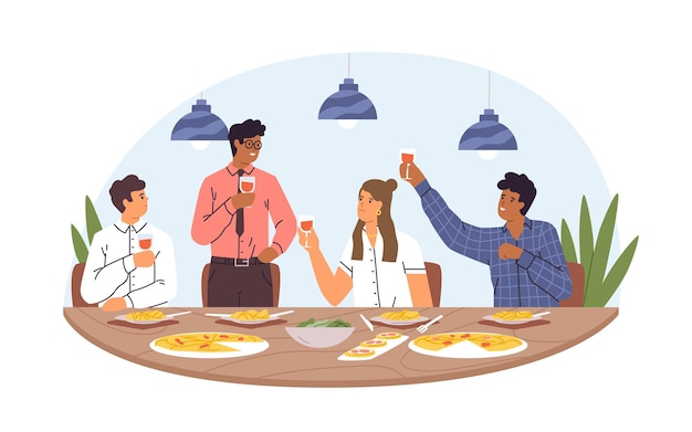 Vector people at corporate festive dinner with wine glasses. colleagues eating at informal meeting. partners celebrating smth. at dining table. colored flat vector illustration isolated on white background.