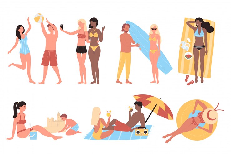 Vector people couples performing summer vacation outdoor activities at sand beach set isolated white background. man and woman making selfies, relaxing, sunbathing and walking, carrying surfboard, playing