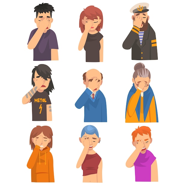 People Covering Their Face with Hands Set Men and Women Making Facepalm Gestures Shame Headache Disappointment Negative Emotions Vector Illustration on White Background