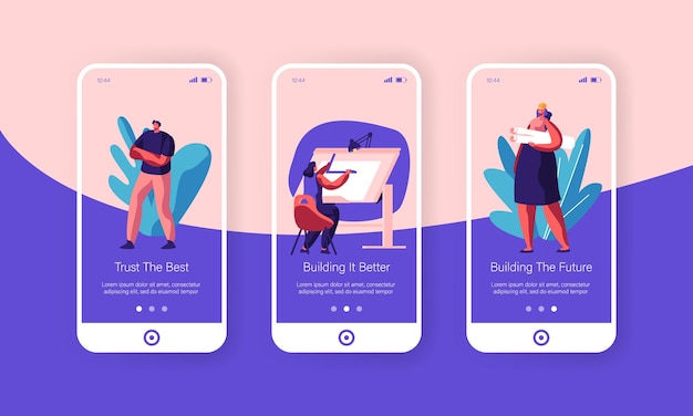 People Creating Building Concept. Mobile App Page Onboard Screen Set