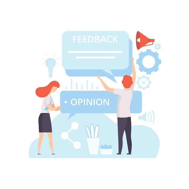 Persone che creano contenuti digitali servizio client feedback tecnologia processo di sviluppo del software social media marketing vettore illustrazione su sfondo bianco