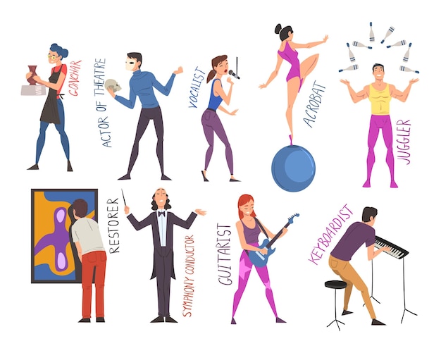 Vector people of creative professions set ceramist actor vocalist acrobat juggler restorer symphony conductor guitarist keyboardist cartoon style vector illustration