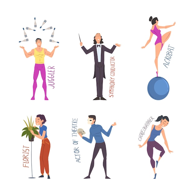 people of creative professions set juggler symphony conductor acrobat florist actor of theatre