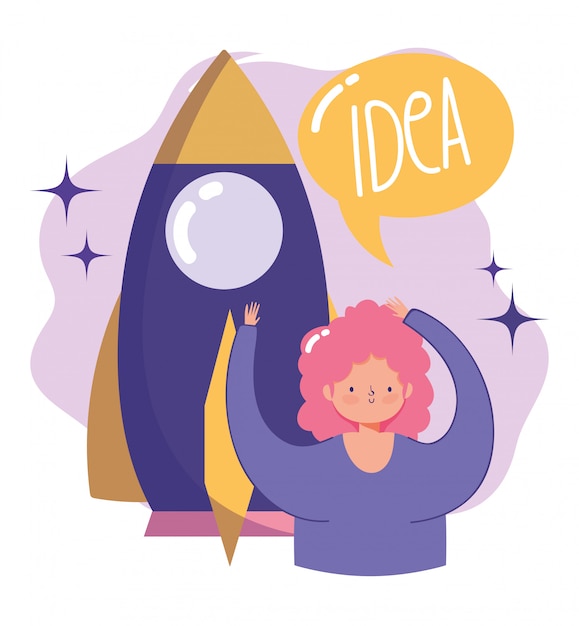 People creativity and technology,girl and rocket startup creativity idea