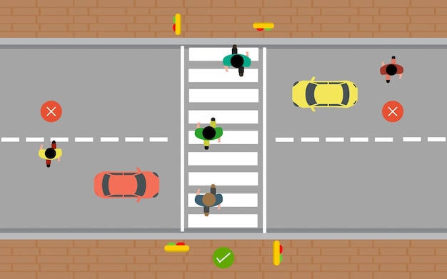 People crossing road in wrong Side Top view Flat vector illustration