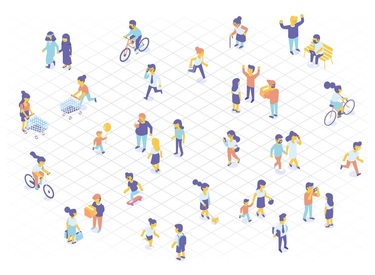 人々は等尺性の人々のイラストを群集します都市生活の人々は歩いています